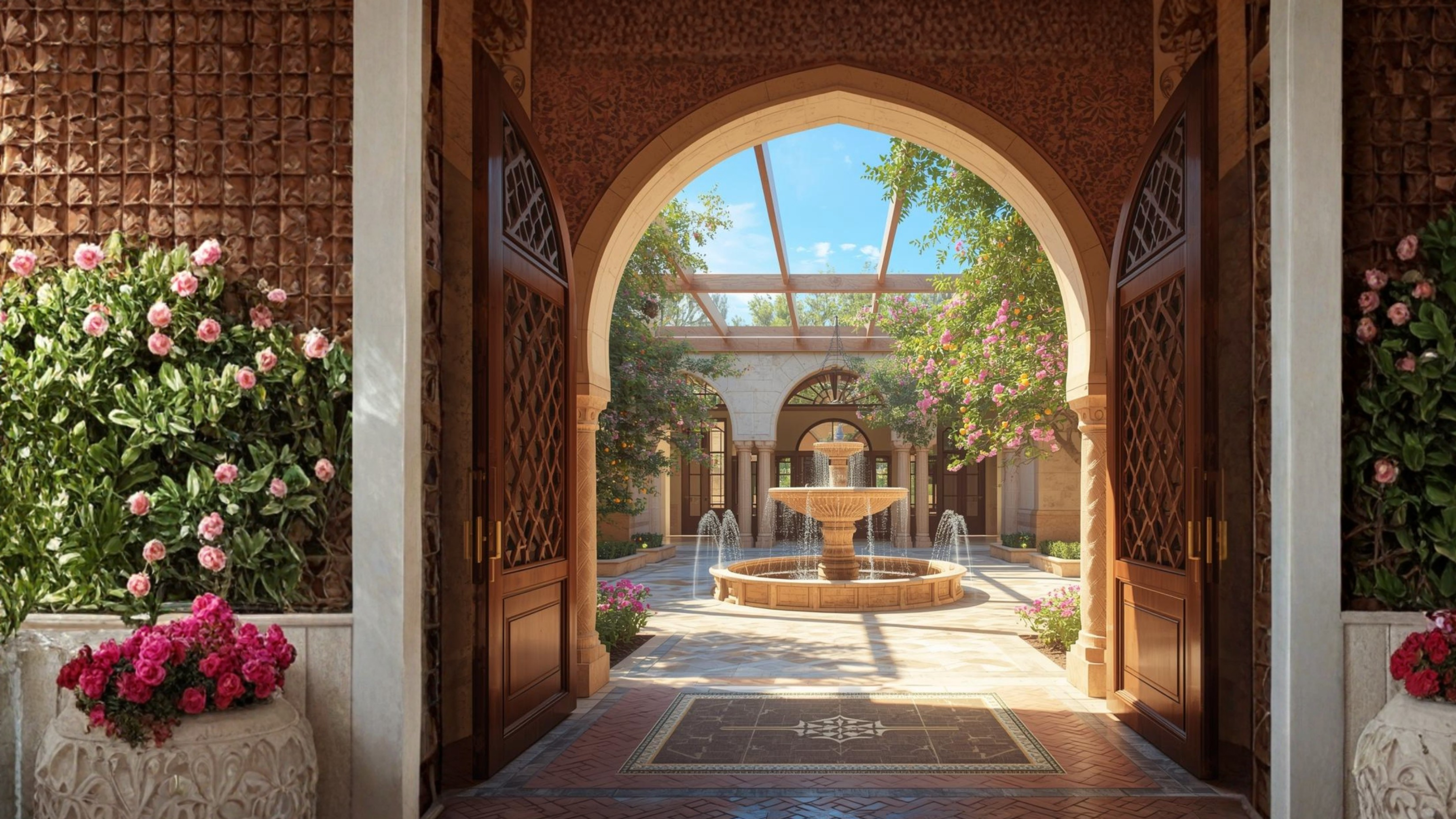 View through an arched doorway into a sunlit maristan courtyard